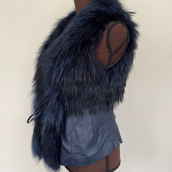 NWOT Leather Vest Navy Blue Real Fox Fur XS size - Picture 1 of 16